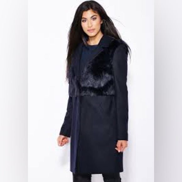 TopShop Longline Pea Coat Faux Fur Wool Blend Navy Sz Us 8 - Picture 1 of 13
